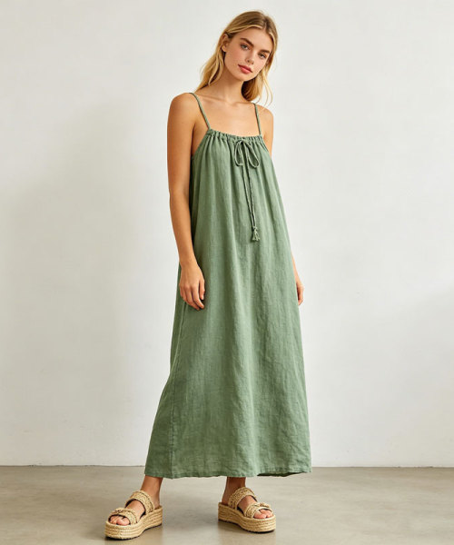 Sage Green Linen Maxi Dress for Women | Relaxed Resort Linen Dress | KOSSR