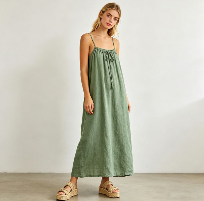 Sage Green Linen Maxi Dress for Women | Relaxed Resort Linen Dress | KOSSR