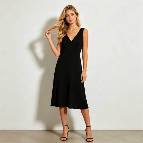 Black Linen Sleeveless Midi Dress for Women | Elegant Linen Dress | KOSSR