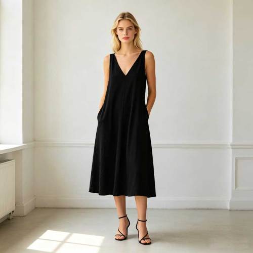 Black Linen Sleeveless Midi Dress for Women | Elegant Linen Dress | KOSSR