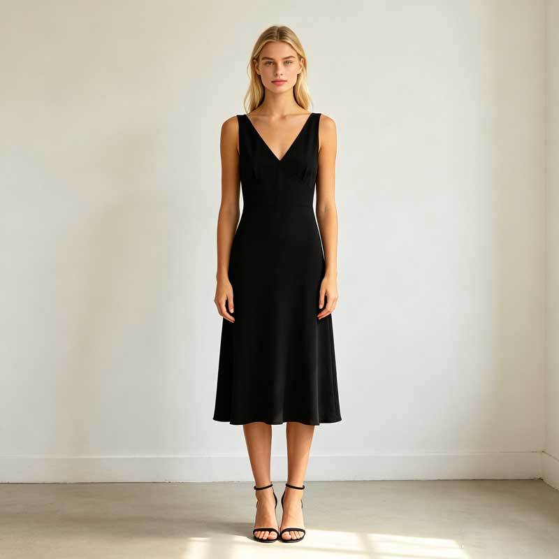 Black Linen Sleeveless Midi Dress for Women | Elegant Linen Dress | KOSSR