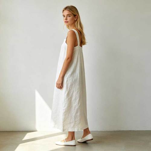White Linen Sleeveless Maxi Dress for Women | Minimalist Linen Dress | KOSSR