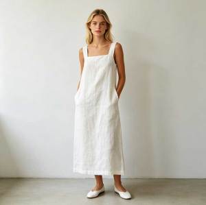 White Linen Sleeveless Maxi Dress for Women | Minimalist Linen Dress | KOSSR