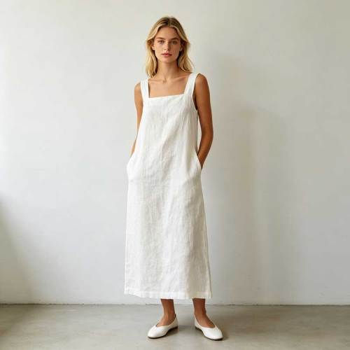 White Linen Sleeveless Maxi Dress for Women | Minimalist Linen Dress | KOSSR