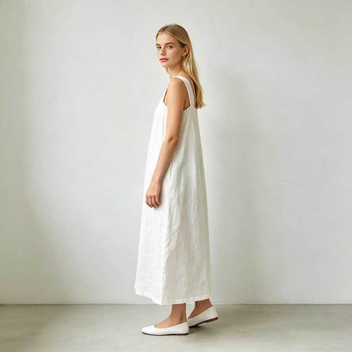 White Linen Sleeveless Maxi Dress for Women | Minimalist Linen Dress | KOSSR