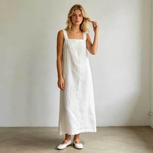 White Linen Sleeveless Maxi Dress for Women | Minimalist Linen Dress | KOSSR