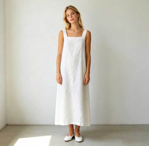 White Linen Sleeveless Maxi Dress for Women | Minimalist Linen Dress | KOSSR