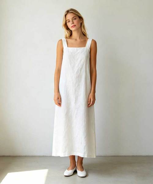 White Linen Sleeveless Maxi Dress for Women | Minimalist Linen Dress | KOSSR