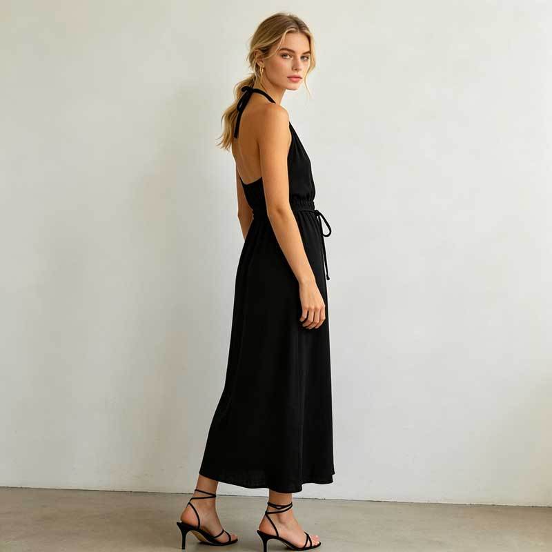 Black Linen Halter Maxi Dress for Women | Elegant Open Back Linen Dress | KOSSR