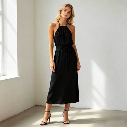 Black Linen Halter Maxi Dress for Women | Elegant Open Back Linen Dress | KOSSR