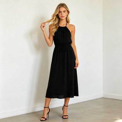 Black Linen Halter Maxi Dress for Women | Elegant Open Back Linen Dress | KOSSR