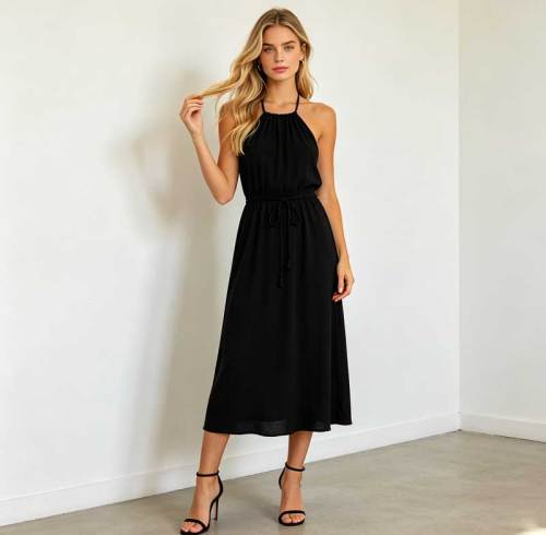 Black Linen Halter Maxi Dress for Women | Elegant Open Back Linen Dress | KOSSR