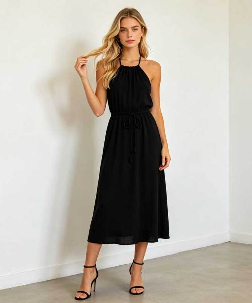 Black Linen Halter Maxi Dress for Women | Elegant Open Back Linen Dress | KOSSR