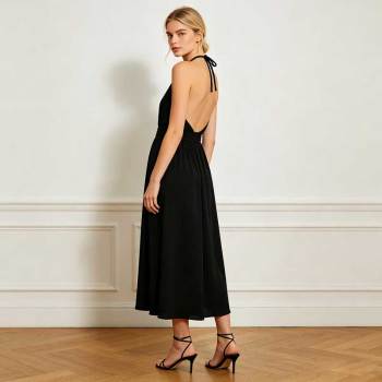 Black Linen Halter Maxi Dress for Women | Elegant Open Back Linen Dress | KOSSR