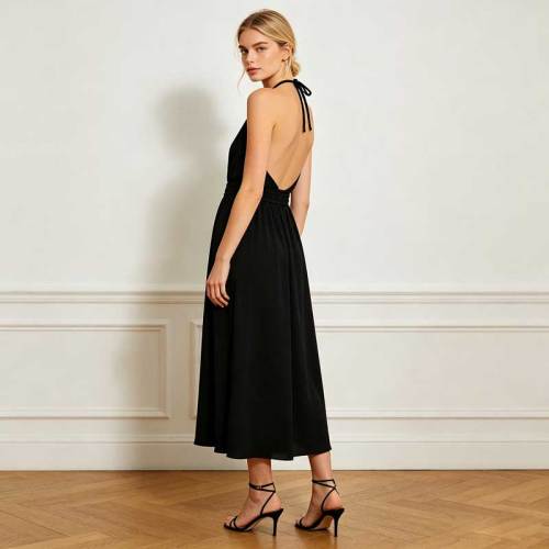 Black Linen Halter Maxi Dress for Women | Elegant Open Back Linen Dress | KOSSR