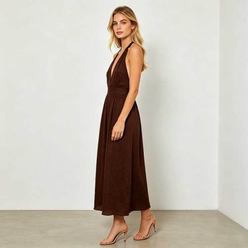 Chocolate Brown Linen Halter Maxi Dress | Elegant Open Back Linen Dress | KOSSR