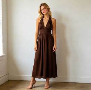 Chocolate Brown Linen Halter Maxi Dress | Elegant Open Back Linen Dress | KOSSR