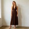 Chocolate Brown Linen Halter Maxi Dress | Elegant Open Back Linen Dress | KOSSR