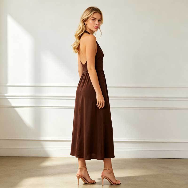 Chocolate Brown Linen Halter Maxi Dress | Elegant Open Back Linen Dress | KOSSR