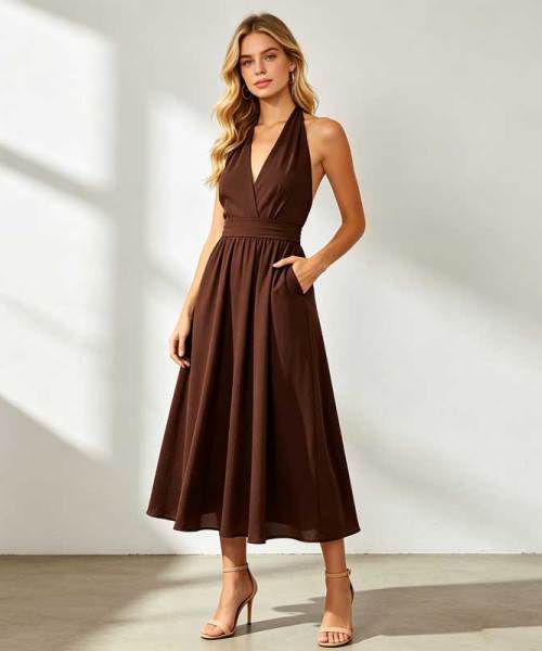 Chocolate Brown Linen Halter Maxi Dress | Elegant Open Back Linen Dress | KOSSR