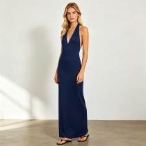 Navy Linen Halter Maxi Dress | Minimalist Open Back Linen Dress | KOSSR