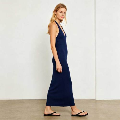 Navy Linen Halter Maxi Dress | Minimalist Open Back Linen Dress | KOSSR