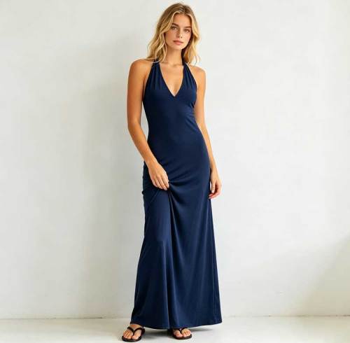 Navy Linen Halter Maxi Dress | Minimalist Open Back Linen Dress | KOSSR