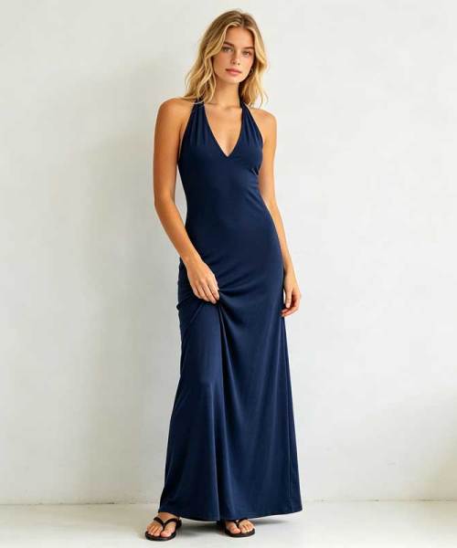 Navy Linen Halter Maxi Dress | Minimalist Open Back Linen Dress | KOSSR