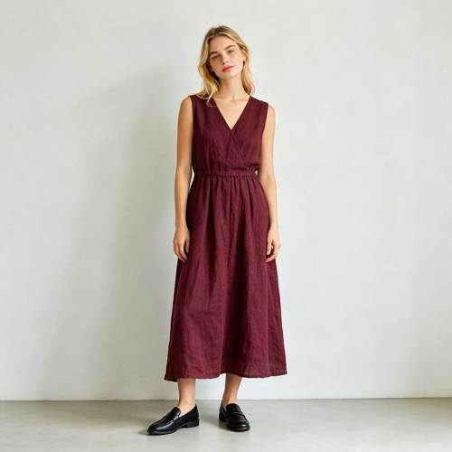 Burgundy Linen Wrap Dress | Sleeveless Linen Maxi Dress | KOSSR