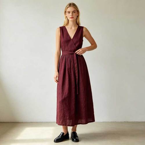 Burgundy Linen Wrap Dress | Sleeveless Linen Maxi Dress | KOSSR