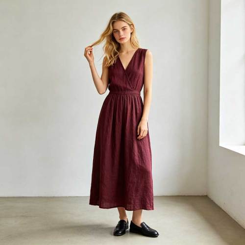 Burgundy Linen Wrap Dress | Sleeveless Linen Maxi Dress | KOSSR
