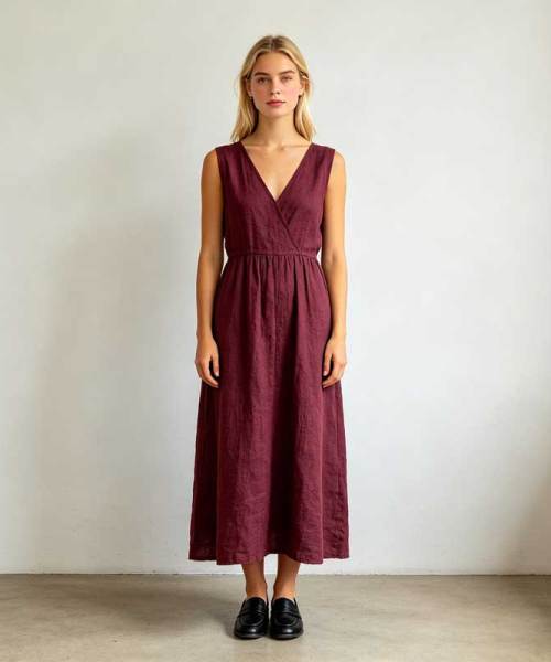 Burgundy Linen Wrap Dress | Sleeveless Linen Maxi Dress | KOSSR