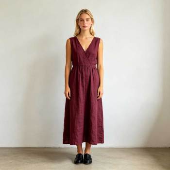 Burgundy Linen Wrap Dress | Sleeveless Linen Maxi Dress | KOSSR