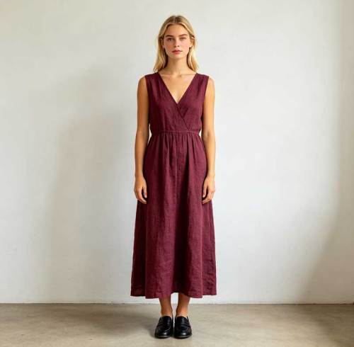 Burgundy Linen Wrap Dress | Sleeveless Linen Maxi Dress | KOSSR