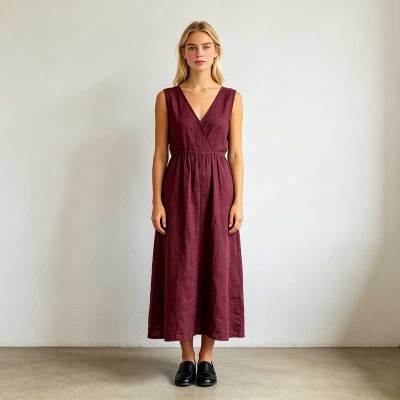 Burgundy Linen Wrap Dress | Sleeveless Linen Maxi Dress | KOSSR
