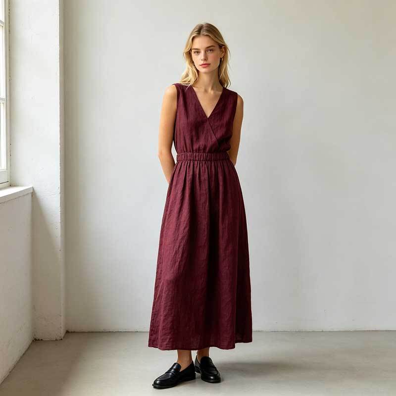 Burgundy Linen Wrap Dress | Sleeveless Linen Maxi Dress | KOSSR