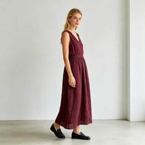 Burgundy Linen Wrap Dress | Sleeveless Linen Maxi Dress | KOSSR