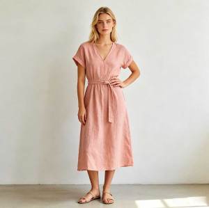 Blush Pink Linen Wrap Dress | Relaxed Linen Midi Dress | KOSSR