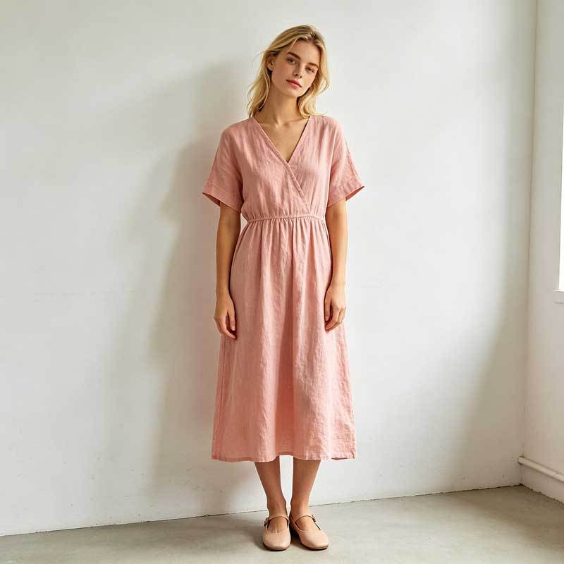 Blush Pink Linen Wrap Dress | Relaxed Linen Midi Dress | KOSSR
