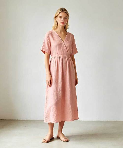 Blush Pink Linen Wrap Dress | Relaxed Linen Midi Dress | KOSSR