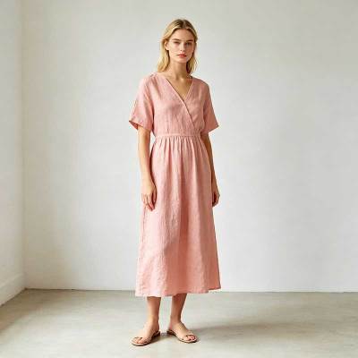 Blush Pink Linen Wrap Dress | Relaxed Linen Midi Dress | KOSSR