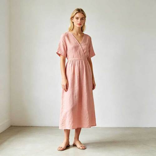 Blush Pink Linen Wrap Dress | Relaxed Linen Midi Dress | KOSSR