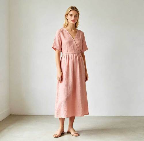 Blush Pink Linen Wrap Dress | Relaxed Linen Midi Dress | KOSSR