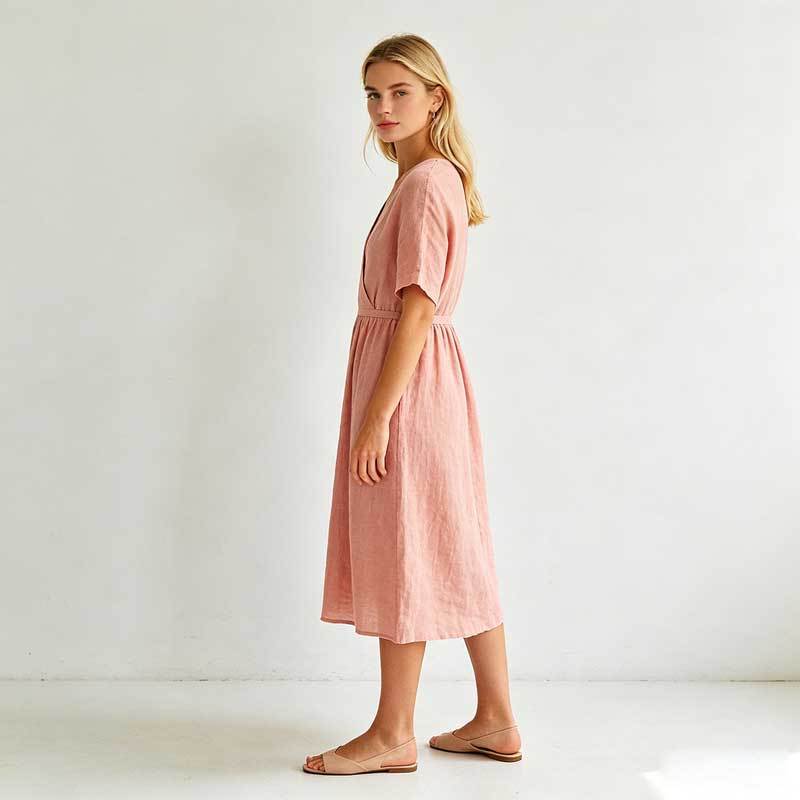 Blush Pink Linen Wrap Dress | Relaxed Linen Midi Dress | KOSSR