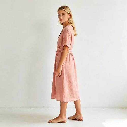 Blush Pink Linen Wrap Dress | Relaxed Linen Midi Dress | KOSSR
