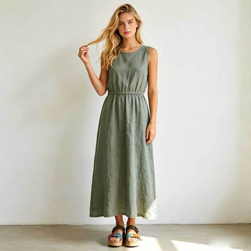 Linen A-Line Maxi Dress | Sleeveless Linen Summer Dress | KOSSR