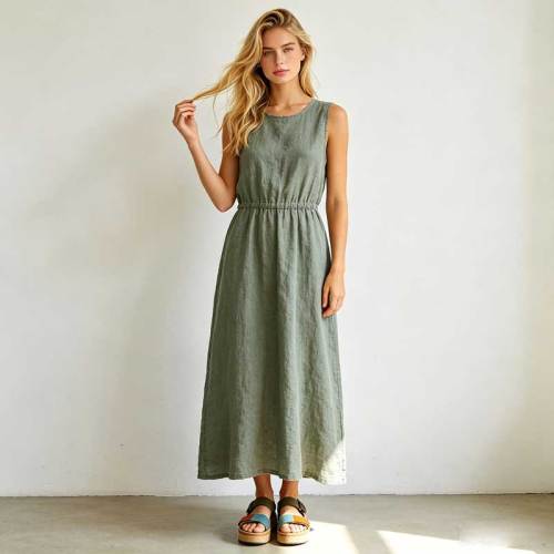 Linen A-Line Maxi Dress | Sleeveless Linen Summer Dress | KOSSR