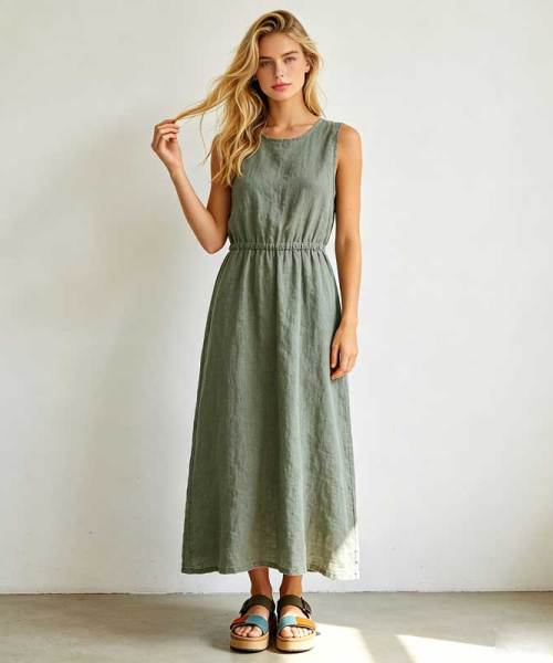 Linen A-Line Maxi Dress | Sleeveless Linen Summer Dress | KOSSR