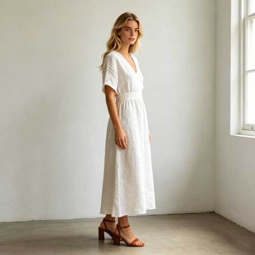Linen A-Line Maxi Dress | Elegant V-Neck Linen Dress | KOSSR