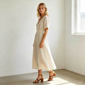 Linen A-Line Maxi Dress | Elegant V-Neck Linen Dress | KOSSR